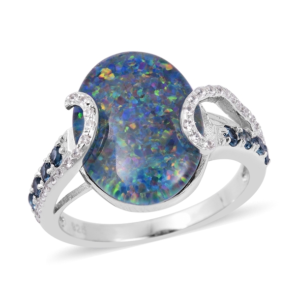Rare  Size Boulder Opal (Ovl 16x12 mm), London Blue Topaz and Natural Cambodian White Zircon Ring in