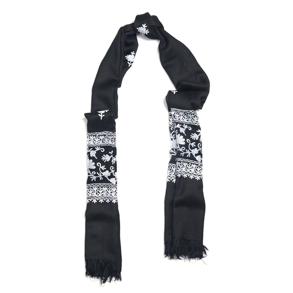 100% Merino Wool Embroidery Black Colour Scarf (Size 200x70 Cm)