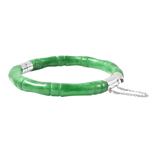 Green Jade Bamboo Bangle (Size 7.5) in Rhodium Overlay Sterling Silver 150.00 Ct.