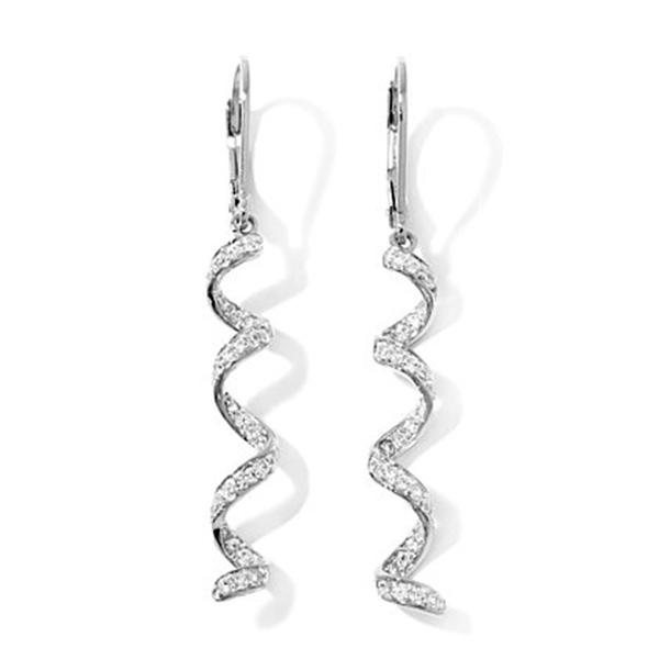 White Diamond (Rnd) Spiral Lever Back Earrings in Rhodium Plated Sterling Silver