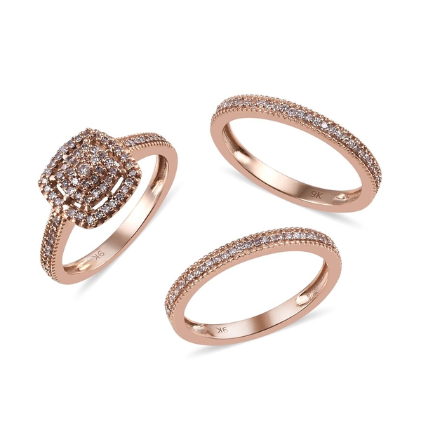 Set of 3 0.50 Ct Pink Diamond Cluster Band Ring in 9K Rose Gold 5.50 Grams