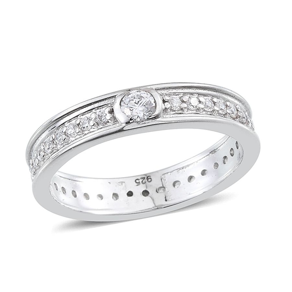 Lustro Stella - Platinum Overlay Sterling Silver (Rnd) Full Eternity Band Ring Made with Finest CZ