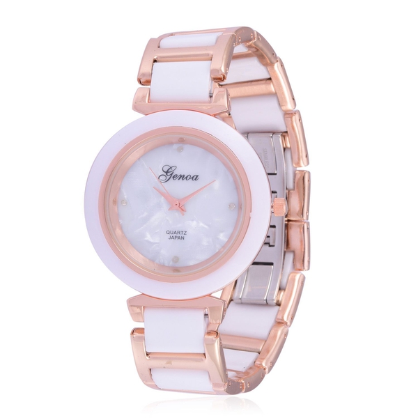 Diamond studded GENOA White Ceramic Japanese Movement MOP Dial Water Resistant Watch in Rose Gold To