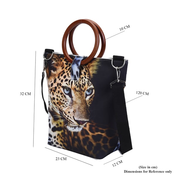 Stylish Leopard Head Pattern Tote Bag in Unique Wooden Handle Drops with Zipper Closure (Size:32x12x29Cm) - Black and Yellow