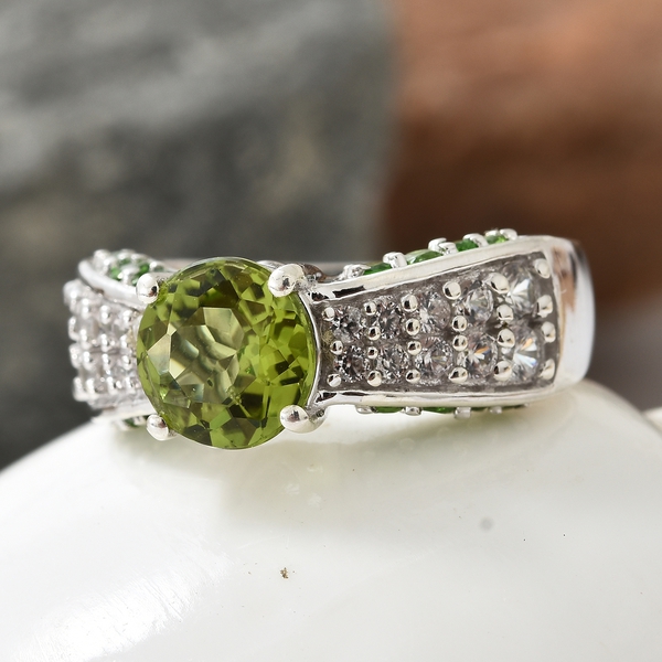Hebei Peridot (Rnd 1.90 Ct), Natural Cambodian Zircon, Chrome Diopside Ring in Platinum Overlay Sterling Silver 3.250 Ct, Silver wt 5.97 Gms.