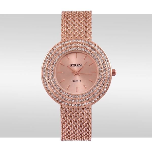 STRADA Japanese Movement Rose Dial White Austrian Crystal Water Resistant Watch in Rose Gold Tone with Stainless Steel Back and Chain Strap