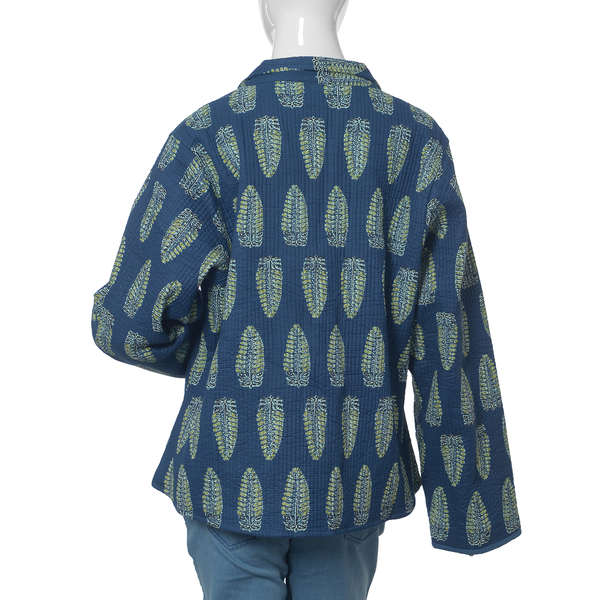 100% Cotton Blue Colour Reversible Quilted Jacket (Size 128.5x66.5 Cm, XL - XXL)