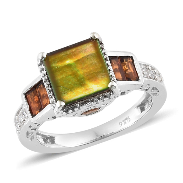 AA Canadian Ammolite (Sqr 8mm), Madeira Citrine and Natural White Cambodian Zircon Ring in Platinum 