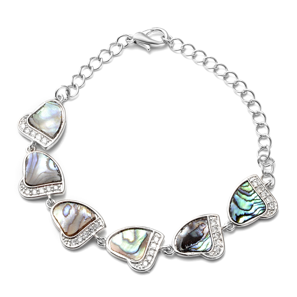 Abalone Shell and White Austrian Crystal Bracelet (Size - 6.75 With 2.5 Inch Extender) in Silver Ton
