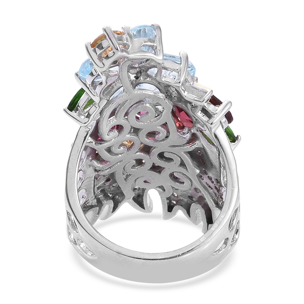GP Rhodolite Garnet (Ovl), Sky Blue Topaz and Multi Gemstone Ring in Platinum and Yellow Gold Overlay Sterling Silver 8.000 Ct, Silver wt 7.86 Gms.