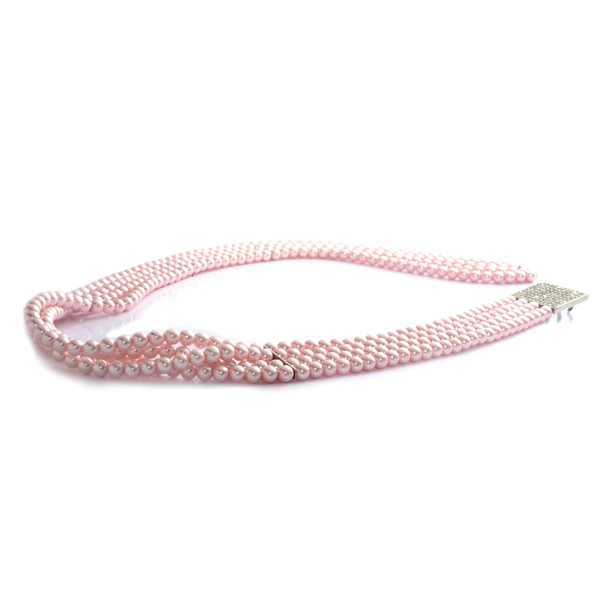Pink Glass Pearl and White Austrian Crystal Stretchable Belt (Size 32) in Silver Tone