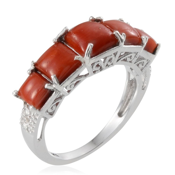 Natural Mediterranean Coral (Sqr), Diamond Ring in Platinum Overlay Sterling Silver 2.010 Ct.