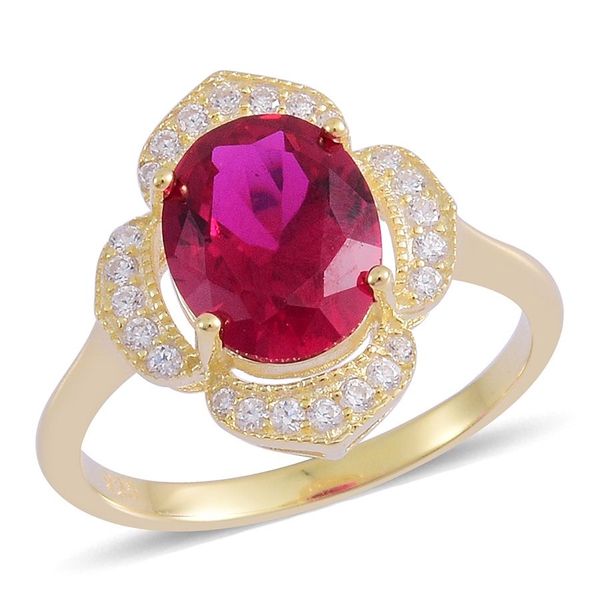 Simulated Ruby (Ovl), Simulated White Diamond Ring in 14K Gold Overlay Sterling Silver