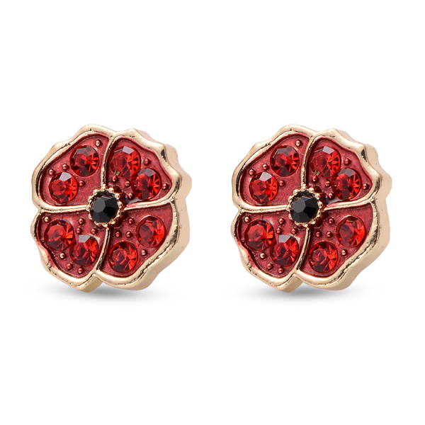 TJC Poppy Design - 2 Piece Set - Black Austrian Crystal,  Red  Austrian Crystal Enamelled Poppy Brooch or Pendant and Earrings with Push Back in Yelllow Tone