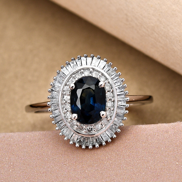 9K White Gold Ocean Teal Sapphire and Diamond Ring 1.22 Ct.