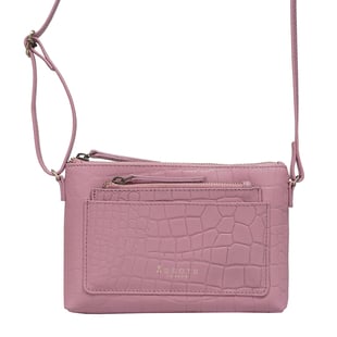 2 Piece Set - ASSOTS LONDON 100% Genuine Leather Croc Pattern Crossbody Bag with Adjustable Shoulder Strap and Purse (Size 21x14x2 Cm) - Pink