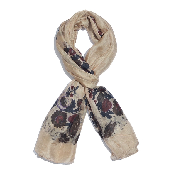 100% Mulberry Silk Cream, Navy and Multi Colour Handscreen Floral Printed Scarf (Size 200X180 Cm)