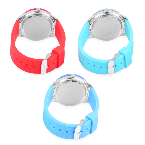 Set of 3 - STRADA Japanese Movement Red, Turquoise and Blue Colour Watch in Silver Tone with Silicone Strap