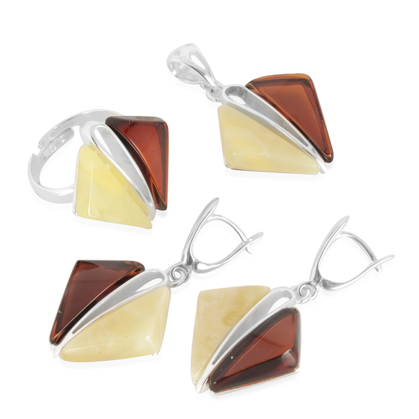 Baltic Multi Colour Amber Ring, Pendant and Earrings (with Clasp) in Sterling Silver