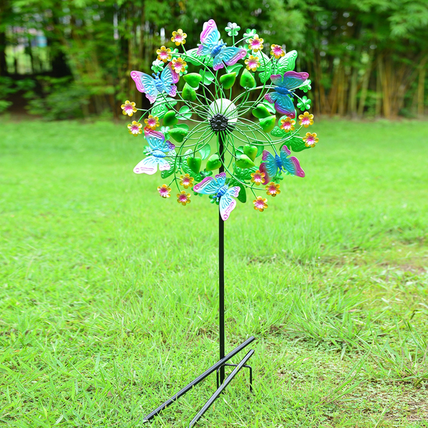 Hand Painted Multi Colour Butterfly Wind Spinner with Solar LED Light (Height 1.8 meter) - Multi