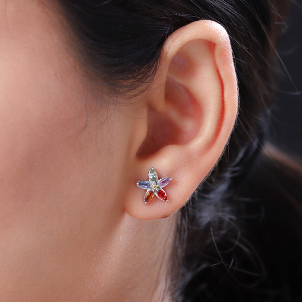 Rainbow Sapphire and Yellow Sapphire Floral Stud Earrings (with Push Back) in Platinum Overlay Sterling Silver 1.15 Ct.
