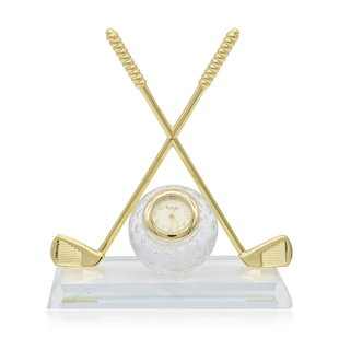 WILLIAM WIDDOP Miniature Clock - Crossed Golf Clubs with Glass Ball in Gold Tone