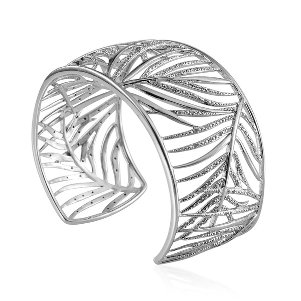 Diamond (Rnd) Leaf Cuff Bangle (Size 7.5) in Platinum Overlay Sterling Silver 1.000 Ct.