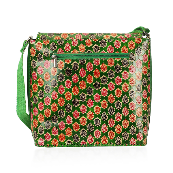 SUKRITI 100% Genuine Leather Floral Pattern Crossbody Bag (Size 28x33x11 Cm) - Green