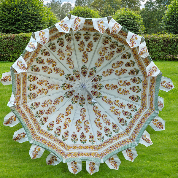 100% Cotton Canvas Block Printed Ethnic Parasol Size (6 Ft. Dia. Shade and 8 Ft. Long Pole) - Orange & Green
