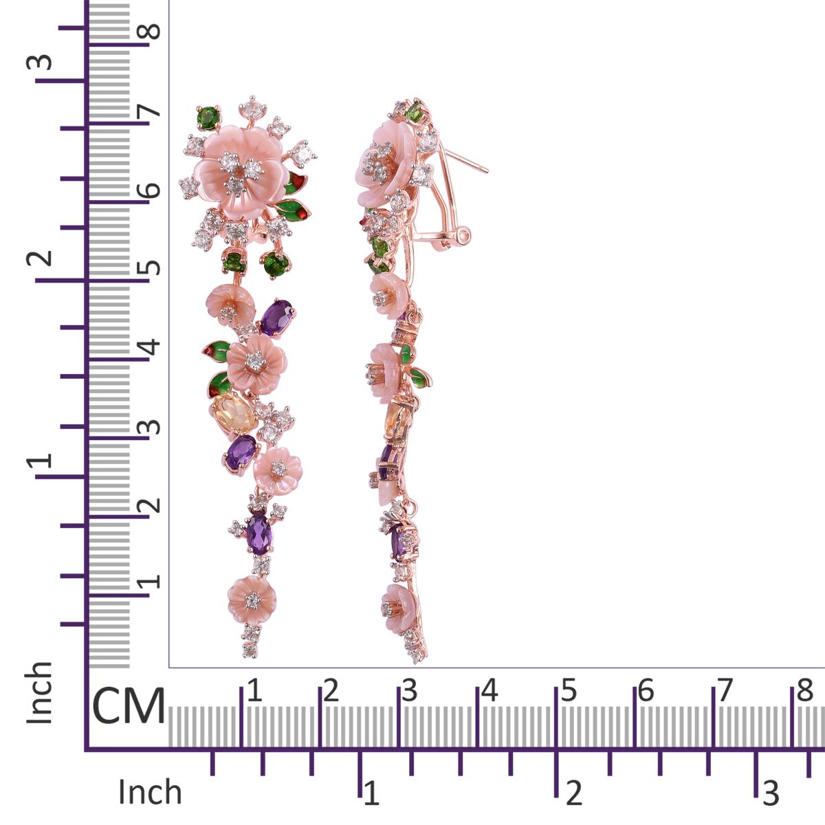 Jardin Collection - Pink Mother of Pearl, Citrine, Amethyst, Chrome Diopside and Multi Gemstone Enameled Flower Earrings (with French Clip) in Rose Gold Overlay Sterling Silver