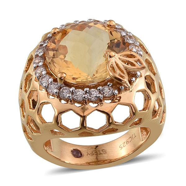 Stefy Citrine (Rnd 6.10 Ct), Pink Sapphire and Natural Cambodian Zircon Ring in 14K Gold Overlay Ste
