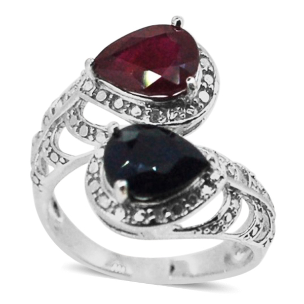 African Ruby (Pear 2.00 Ct), Kanchanaburi Blue Sapphire and Diamond Ring in Rhodium Plated Sterling 