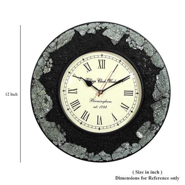 Round Wall Clock Made with White Crackle Mosaic Glass and Shungite (Height - 30Cm, Dia - 20Cm)