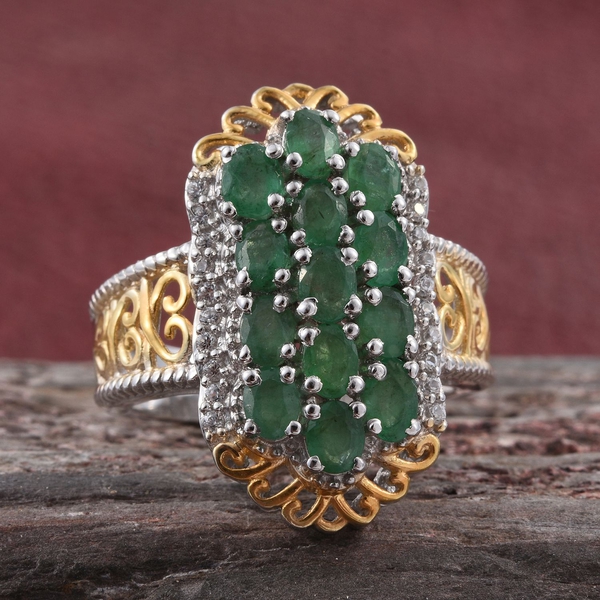Kagem Zambian Emerald (Ovl), Natural Cambodian Zircon Ring in Platinum and Yellow Gold Overlay Sterling Silver 2.030 Ct.