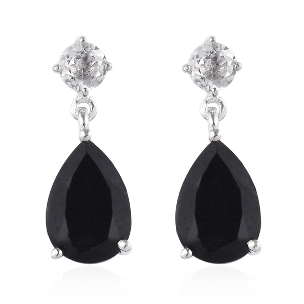 4.25 Ct Black Tourmaline and White Topaz Drop Earrings in Platinum Plated Silver