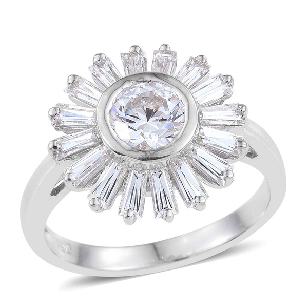 Lustro Stella - Platinum Overlay Sterling Silver (Rnd) Floral Ring Made with Finest CZ