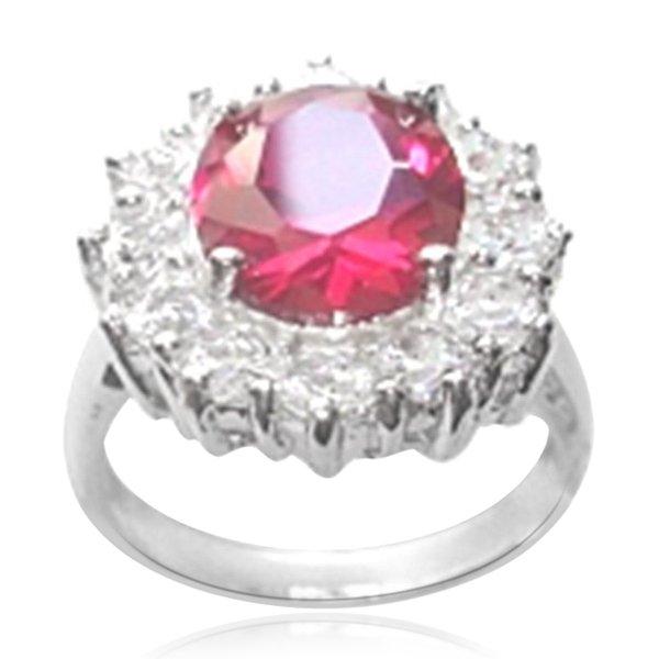 ELANZA AAA Simulated Ruby (Ovl), Simulated Diamond Ring in Rhodium Plated Sterling Silver