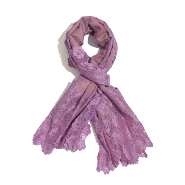 Hand Knitted - (50% Mulberry Silk and 50% Merino Wool) Purple Colour Scarf with Floral Lace Border (Size 170x75 Cm)