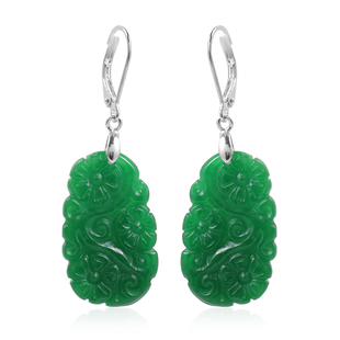 Carved Green Jade Floral Earrings (with Lever Back) in Sterling Silver 34.00 Ct.