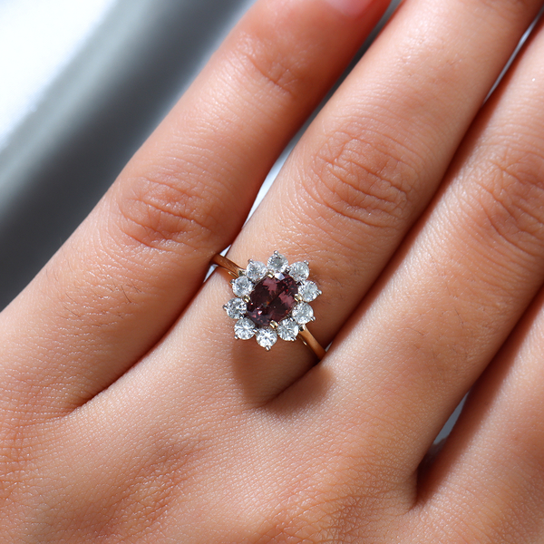 Tuscon Find- 9K Yellow Gold AA Change Colour Garnet (Ovl 7x5mm) and Natural Cambodian Zircon Floral Ring 1.97 Ct.