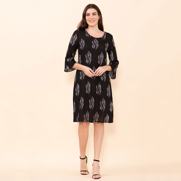 TAMSY VISCOSE Leaves Pattern Midi Dress - Black