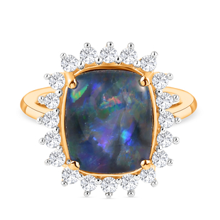 One Time Deal - Australian Boulder Opal and Natural Cambodian Zircon Ring in 14K Gold Overlay Sterli