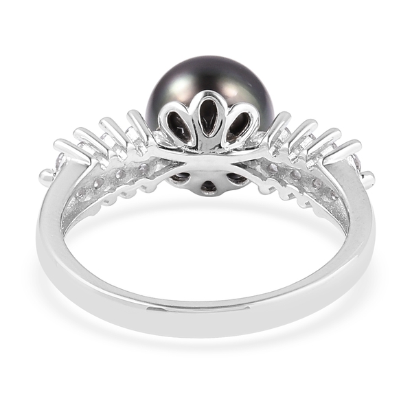 Tahitian Pearl (Rnd), White Topaz Ring in Rhodium Overlay Sterling Silver