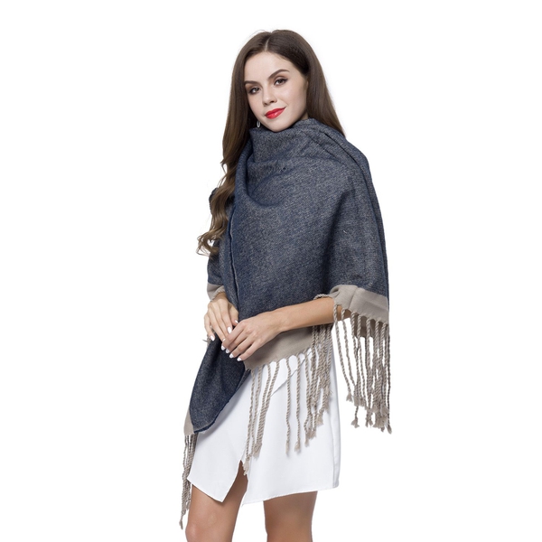 Italian Designer Inspired-Navy and Grey Colour Scarf with Tassels (Size 190X70 Cm)