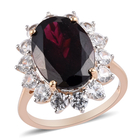 9K Yellow Gold Rhodolite Garnet and Natural Cambodian Zircon Halo Ring (Size P) 10.75 Ct.