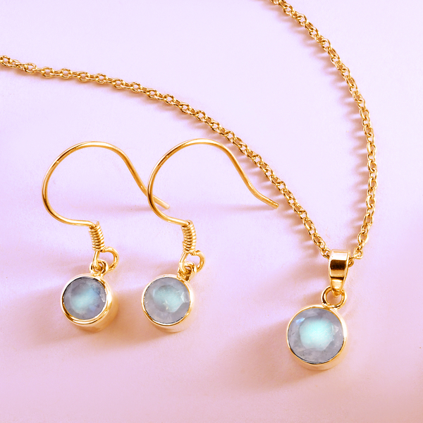2 Piece Set - Rainbow Moonstone Pendant & Hook Earrings in 14K Gold Overlay Sterling Silver With Stainless Steel Chain ( Size 20)  2.94 Ct.