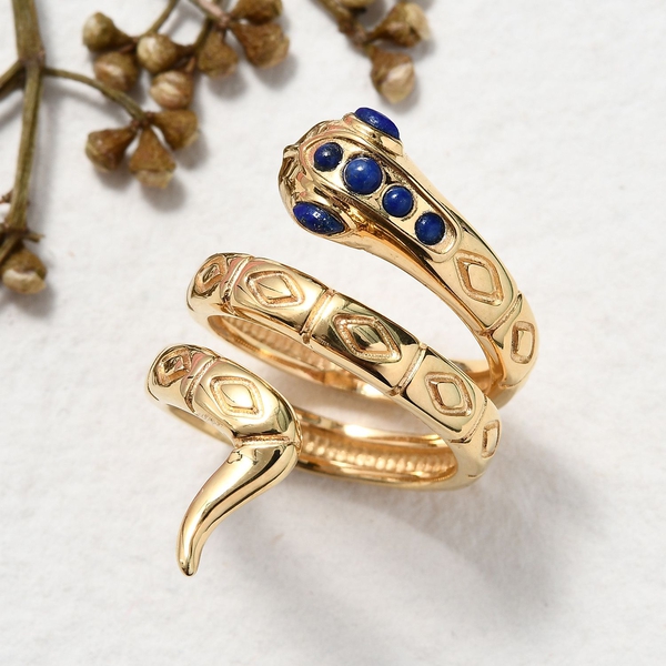 Sundays Child - Lapis Lazuli Snake Ring in 14K Gold Overlay Sterling Silver, Silver wt 6.45 Gms