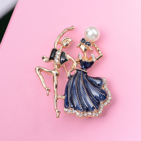 Simulated Pearl and White Austrian Crystal Enamelled Couple Brooch