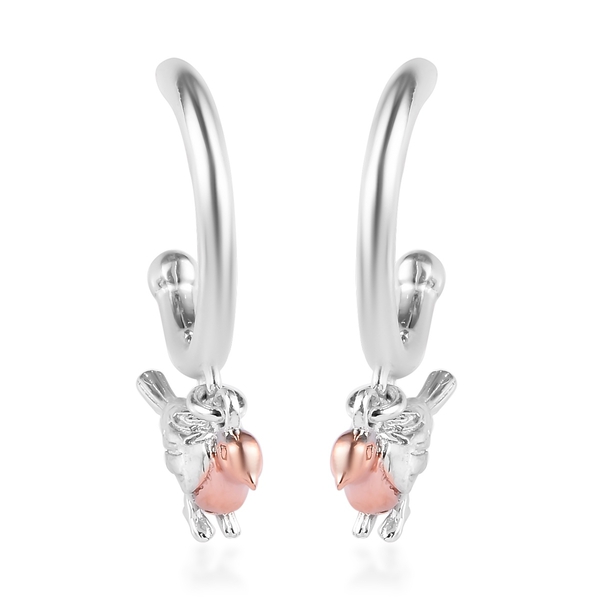 Rose Gold and Platinum Overlay Sterling Silver Bird Hoop Earrings (with Push Back), Silver wt 5.89 G