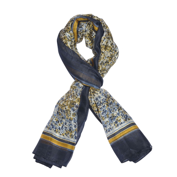 100% Mulberry Silk Yellow, Black and Multi Colour Handscreen Floral Printed Scarf (Size 200X180 Cm)